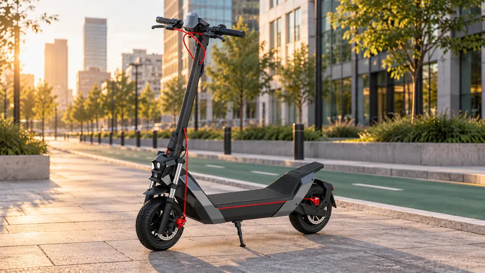 NT5 Max electric scooter parked beside a protected city bike lane.
