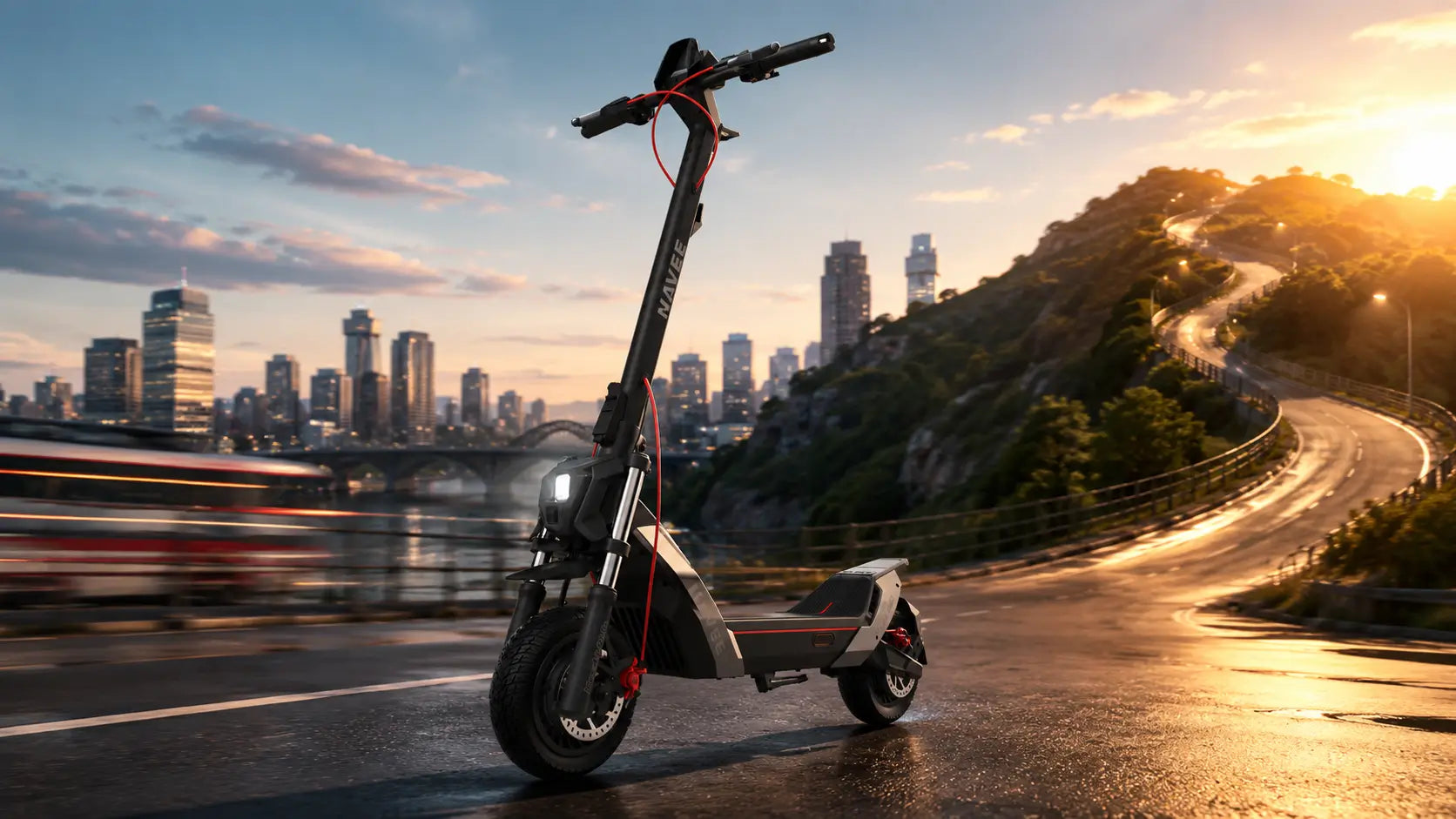 Electric scooter on a city road at sunset