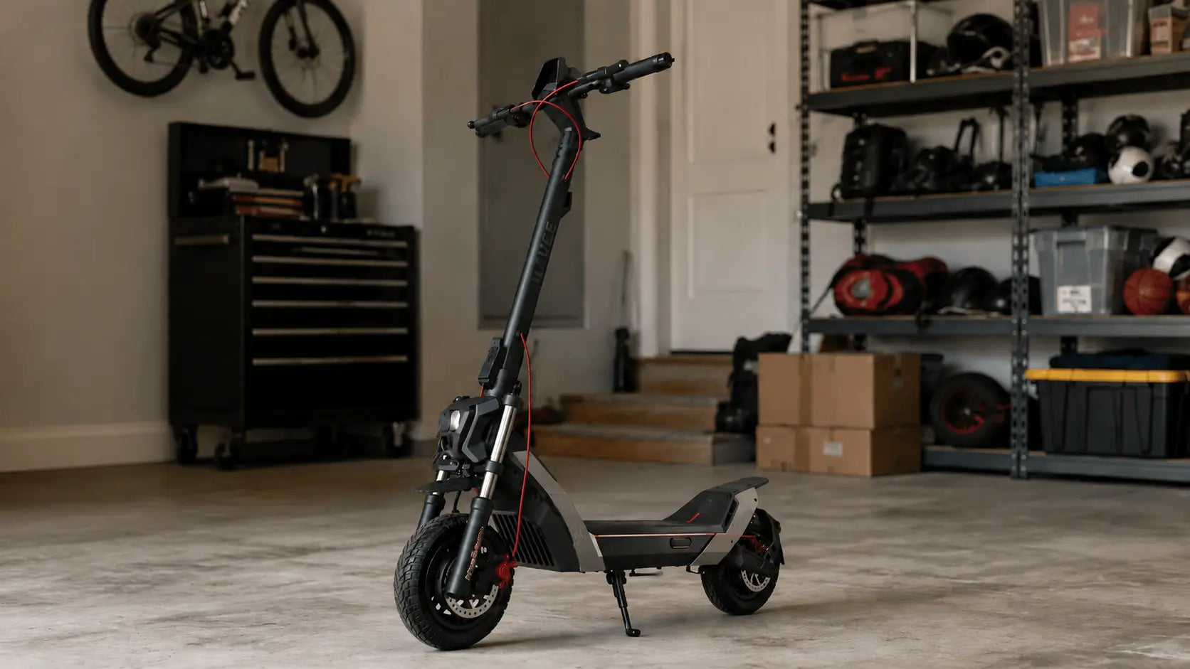 Electric scooter parked in a residential garage
