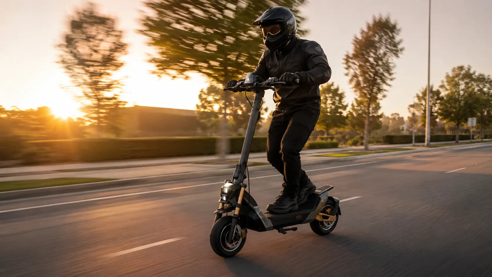 High-speed electric scooter ride at sunset