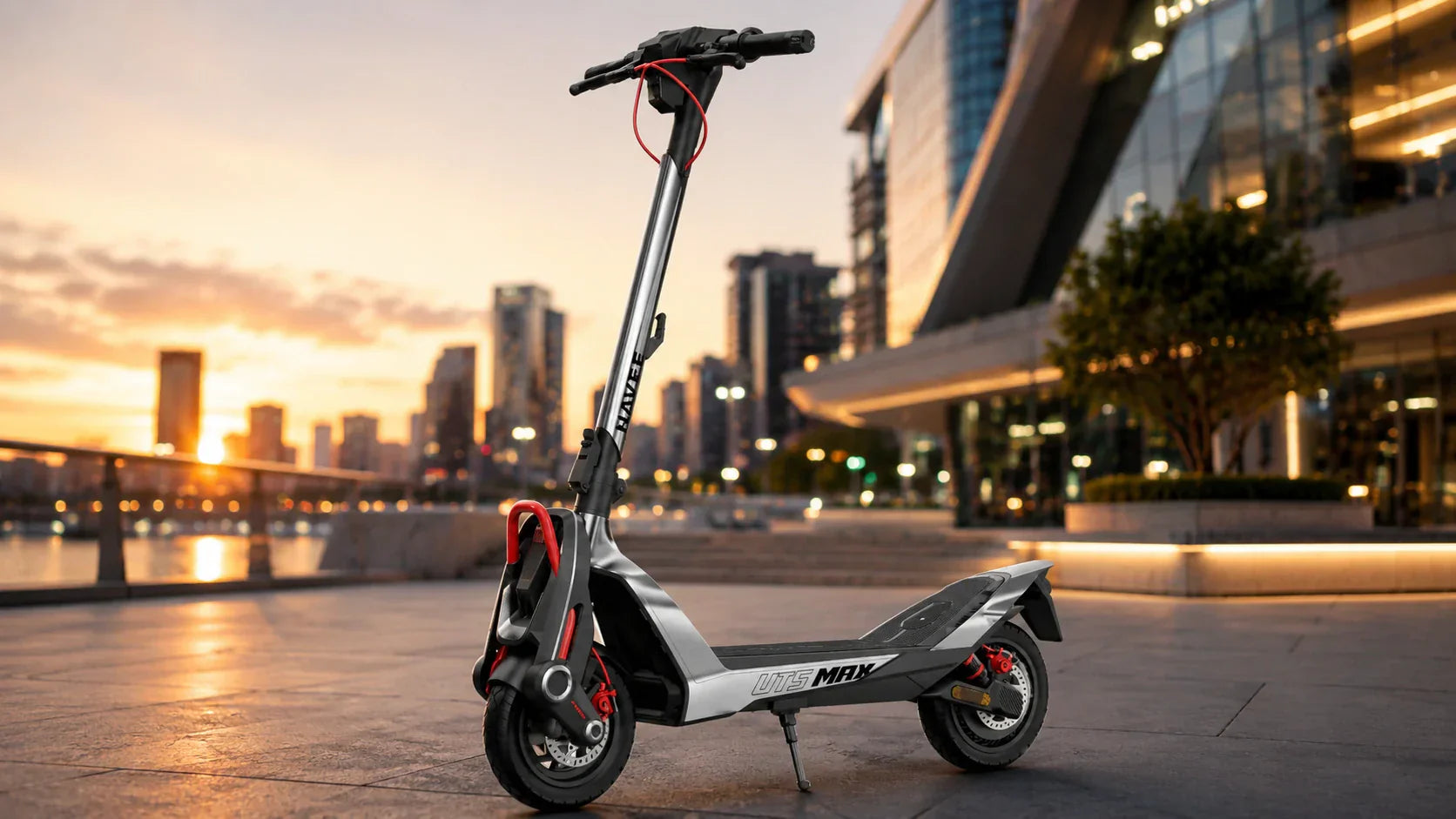 NAVEE electric scooter parked in a modern city plaza at sunset