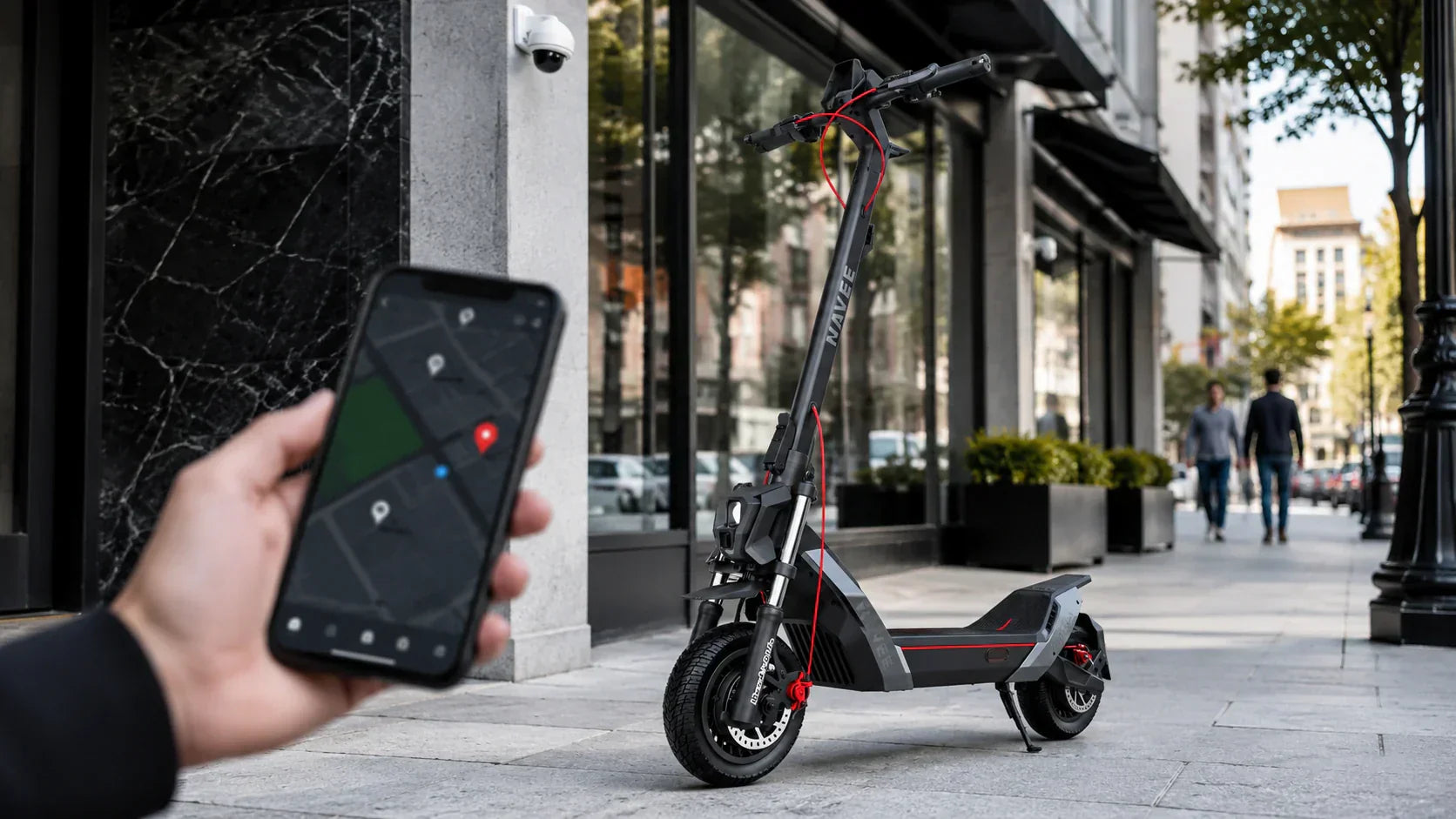 Smartphone tracking a NAVEE electric scooter on a city sidewalk