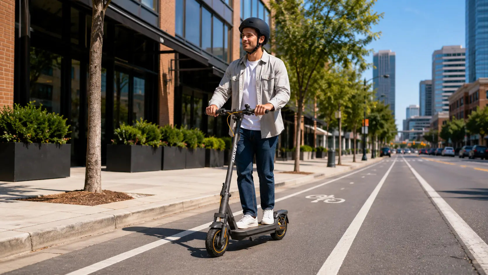 Helmeted rider using a NAVEE electric scooter in a city bike lane