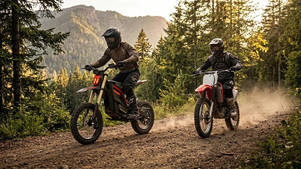 Adult riders on a NAVEE STORM G electric dirt bike and a gas dirt bike riding side-by-side on a forest dirt trail