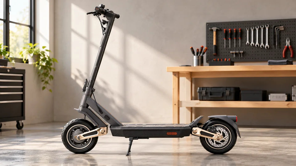 Electric scooter parked beside a workbench in a repair workshop.