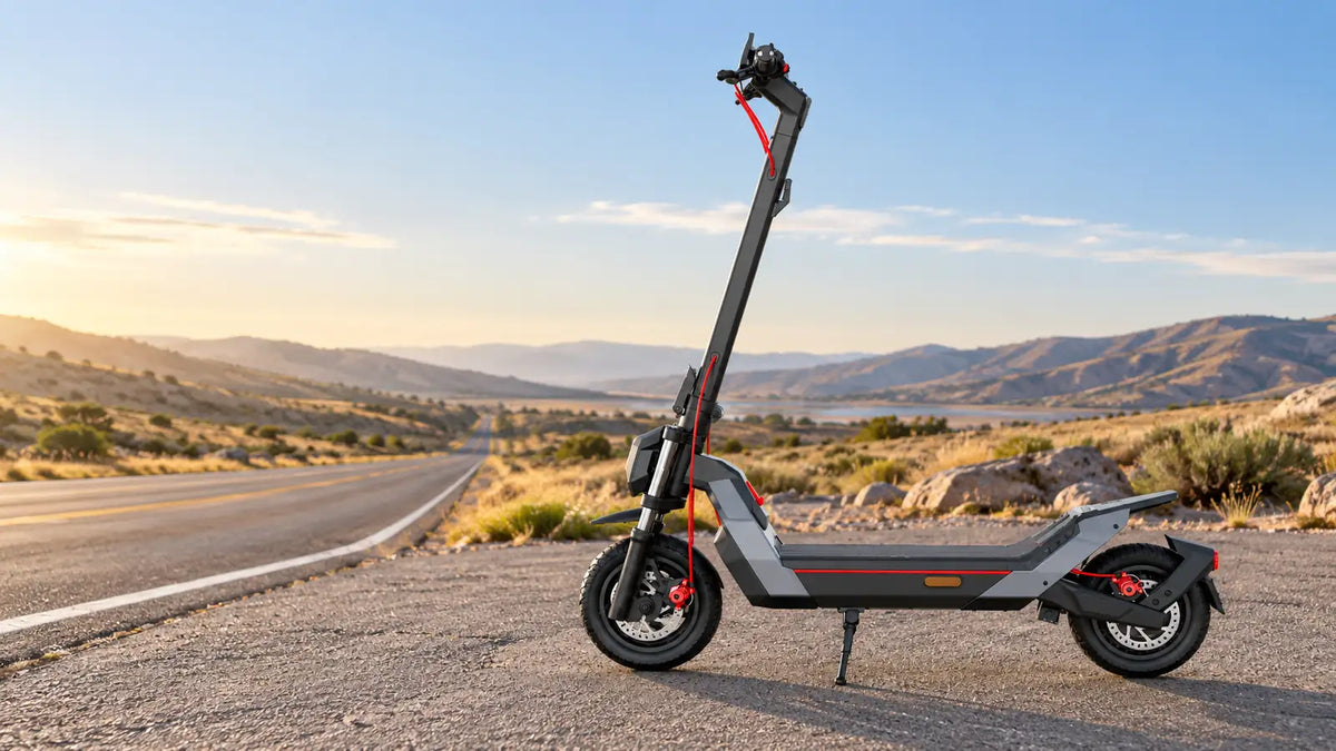 NT5 Max electric scooter parked beside an open road.