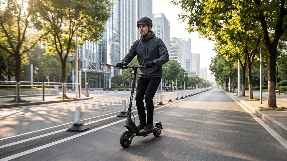Adult rider wearing a helmet riding a NAVEE ST3 Pro premium commuter electric scooter smoothly along a paved city bike lane
