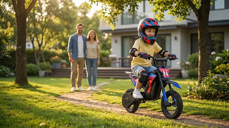 Children riding electric motorcycles under parental supervision