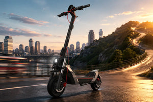Electric scooter on a city road at sunset