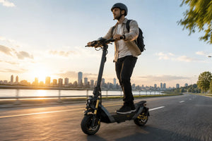 Rider commuting on a long-range electric scooter at sunrise.