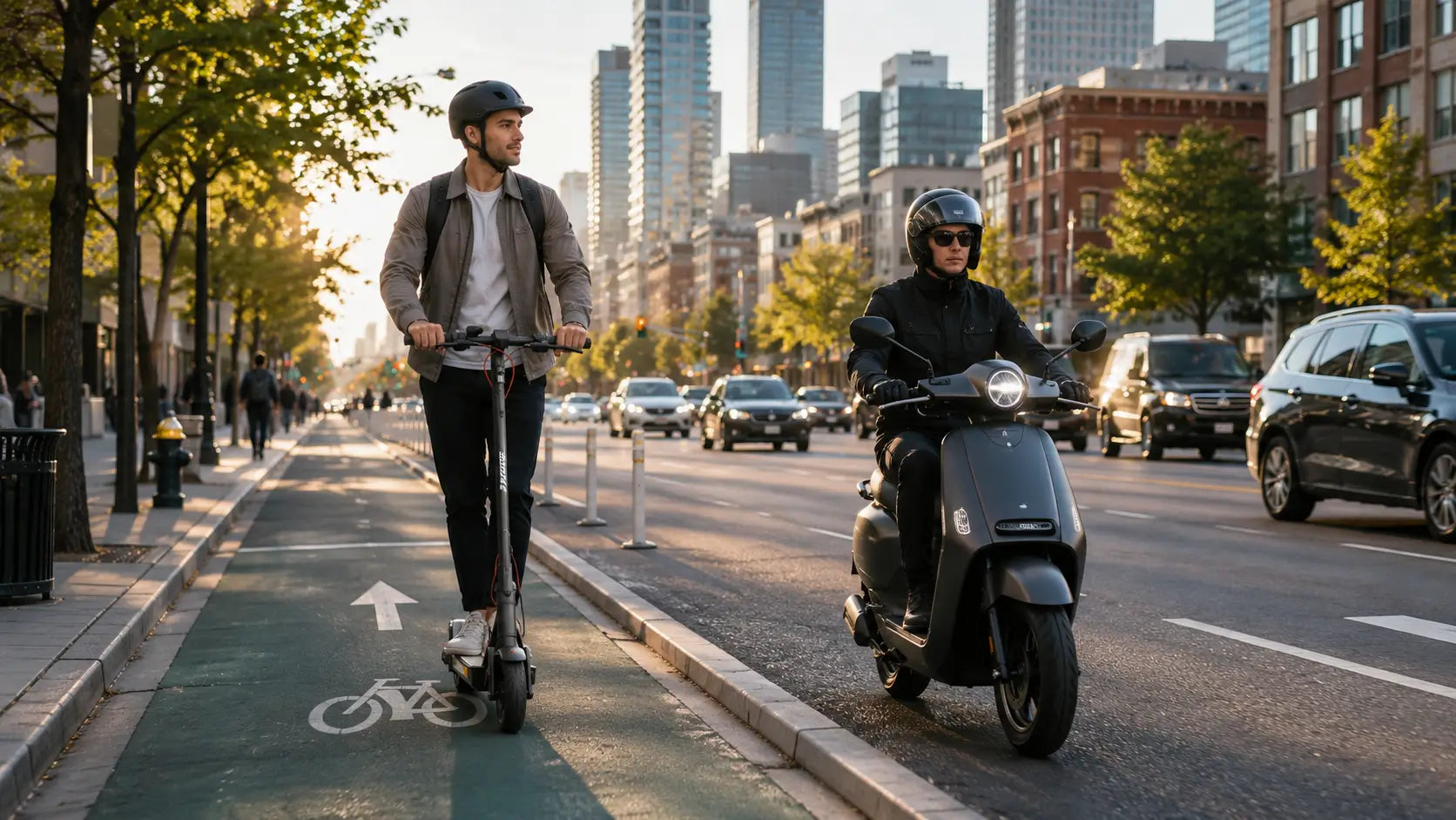 Electric scooter and moped riders commuting on a city street