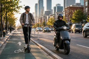 Electric scooter and moped riders commuting on a city street