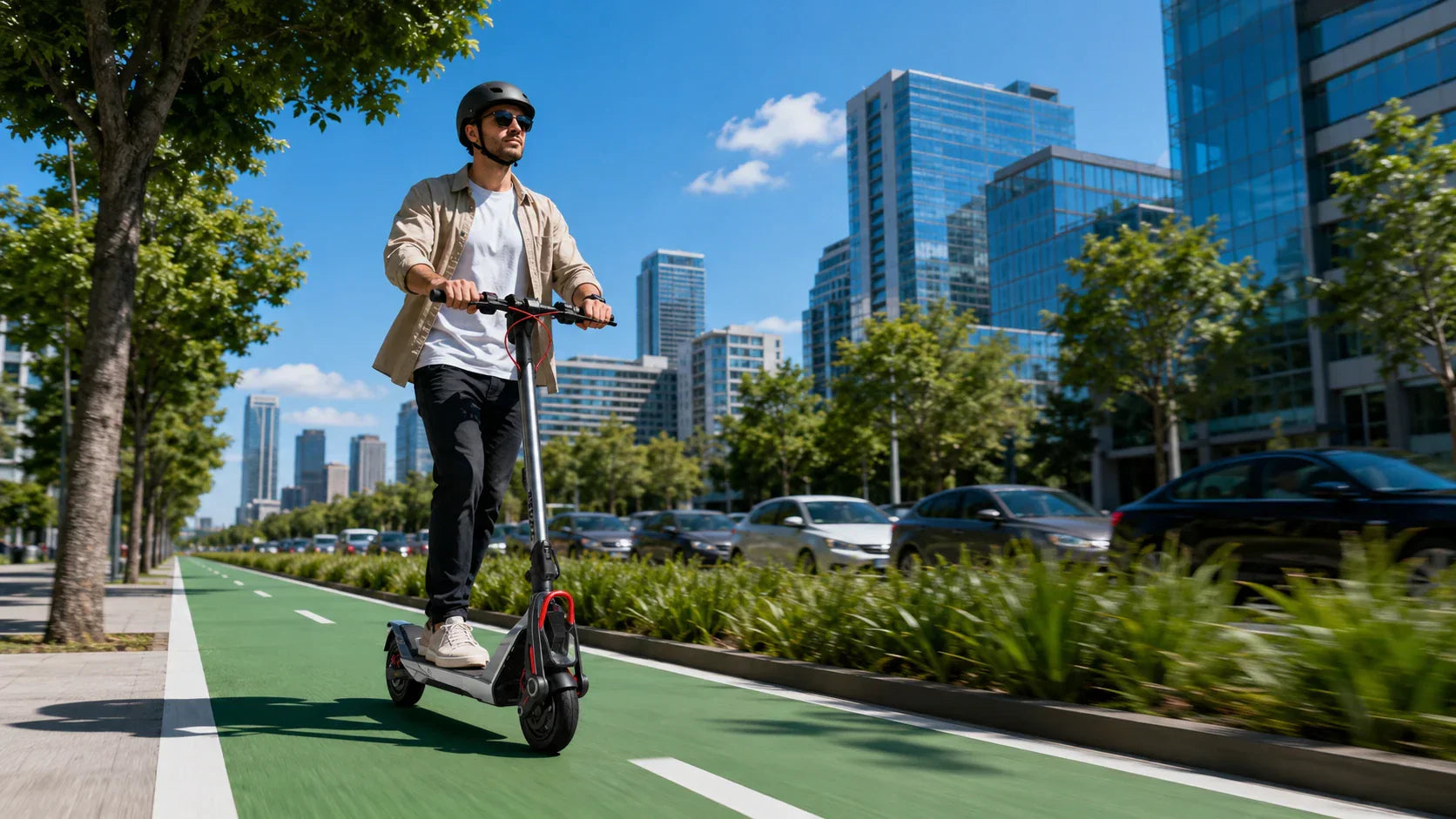 Adult riding an electric scooter on a city bike lane