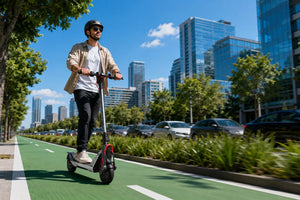 Adult riding an electric scooter on a city bike lane
