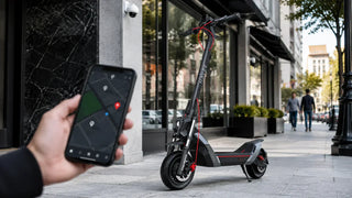 Smartphone tracking a NAVEE electric scooter on a city sidewalk