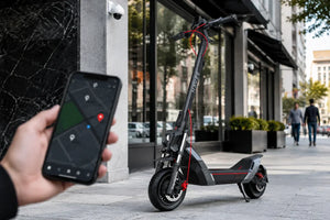 Smartphone tracking a NAVEE electric scooter on a city sidewalk