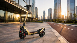 NAVEE UT5 Ultra X electric scooter parked beside a city bike lane at sunrise.