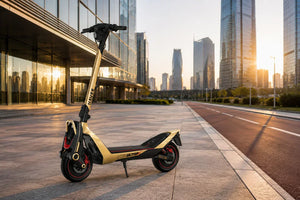 NAVEE UT5 Ultra X electric scooter parked beside a city bike lane at sunrise.