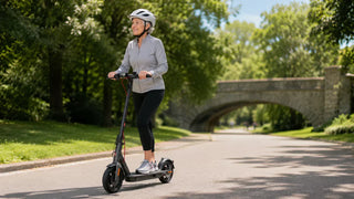 Active senior woman riding an electric scooter on a paved park road