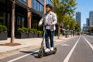 Helmeted rider using a NAVEE electric scooter in a city bike lane