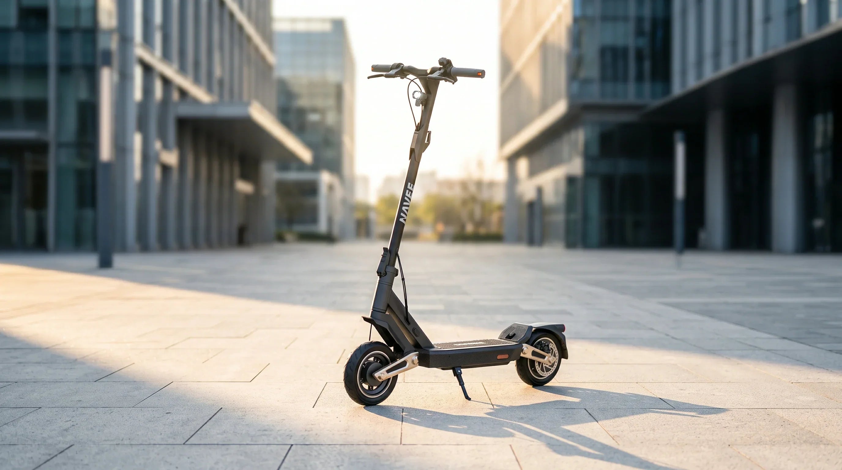 A modern adult NAVEE ST Series premium commuter electric scooter parked on a clean city plaza during golden hour, showcasing its sleek design and durable frame.