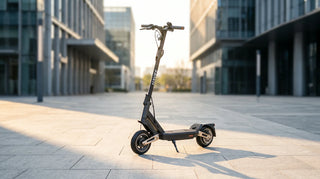 A modern adult NAVEE ST Series premium commuter electric scooter parked on a clean city plaza during golden hour, showcasing its sleek design and durable frame.