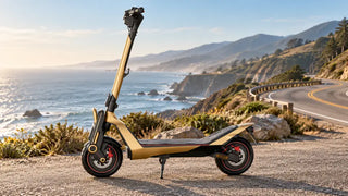Dual-motor electric scooter beside a winding coastal road.