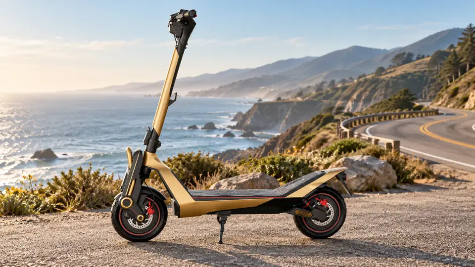 Dual-motor electric scooter beside a winding coastal road.