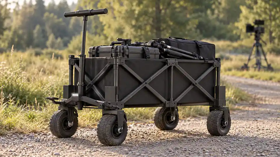 Electric cargo cart carrying camera cases and lighting gear.