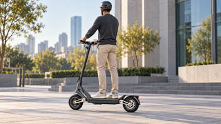 Tall rider holding electric scooter handlebars while standing on the deck.