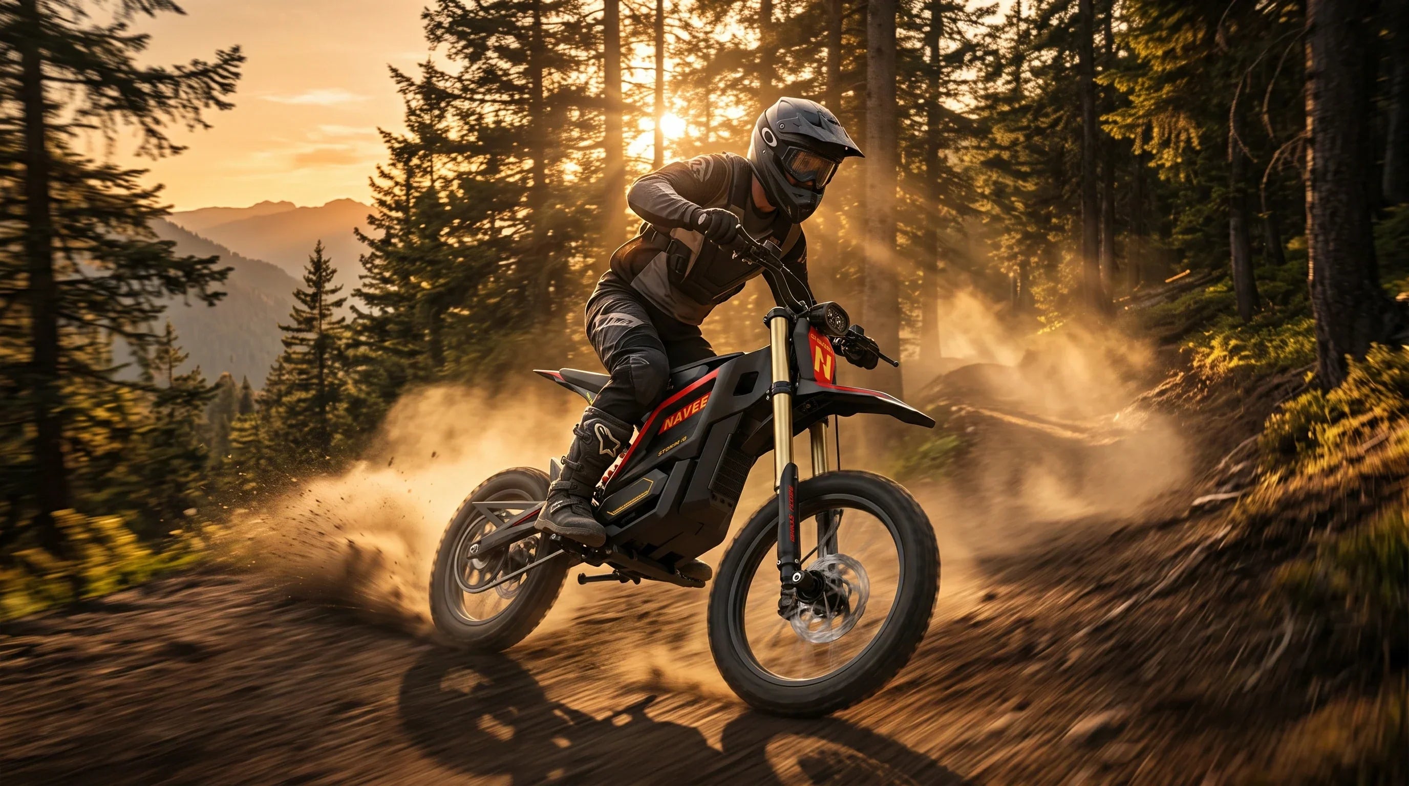 Dynamic action shot of a rider kicking up dust on a powerful NAVEE adult electric dirt bike on a forest trail at sunset (golden hour).