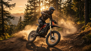 Dynamic action shot of a rider kicking up dust on a powerful NAVEE adult electric dirt bike on a forest trail at sunset (golden hour).
