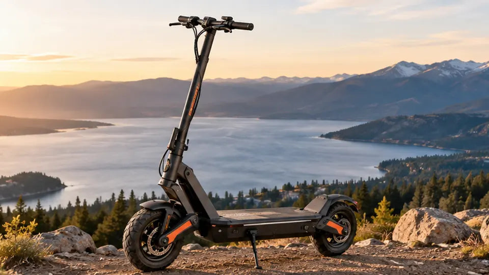 Electric scooter parked at a mountain overlook beside a lake.