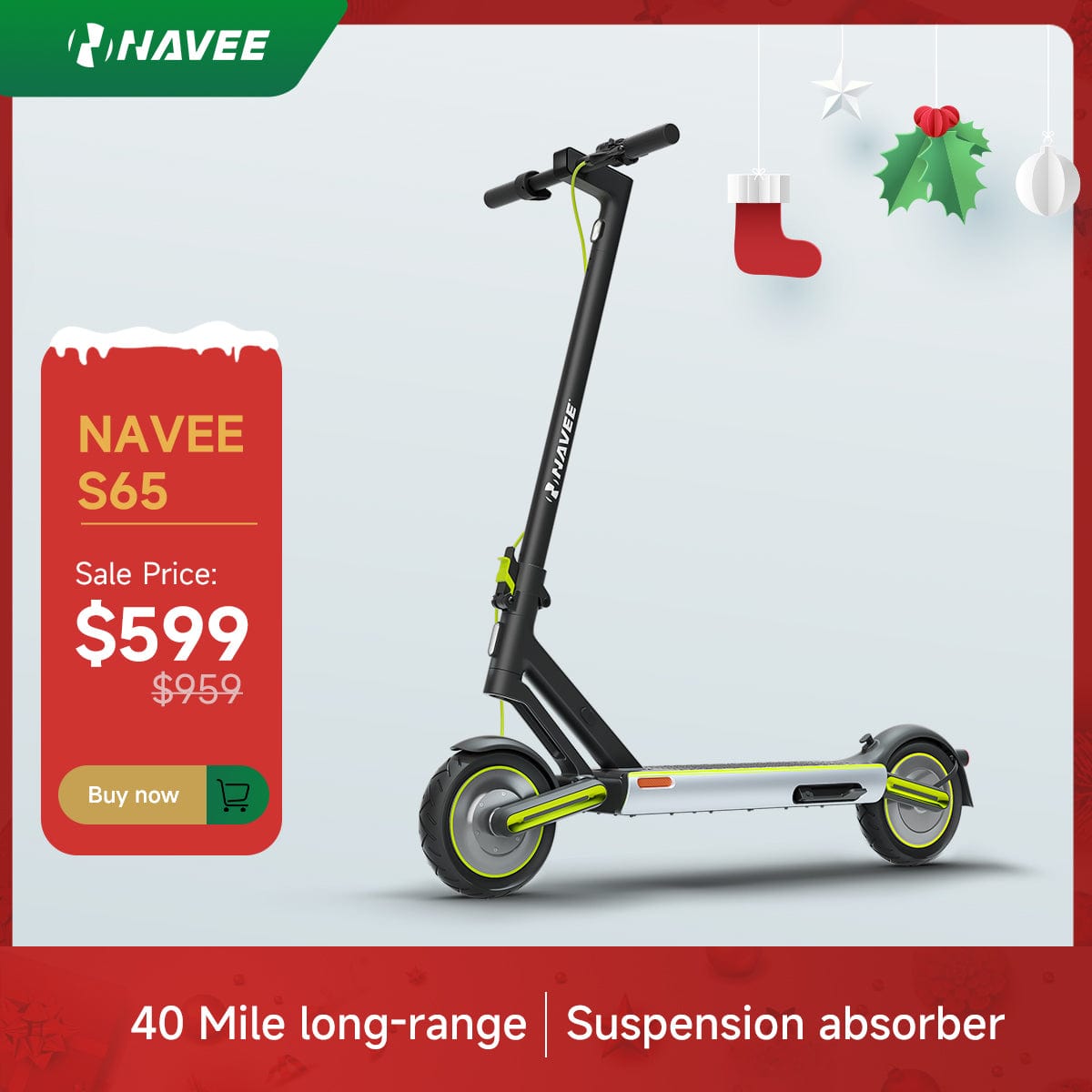 NAVEE S65 Electric Scooter w/40 mi Max Operating Range & 20 mph Max Speed - Green